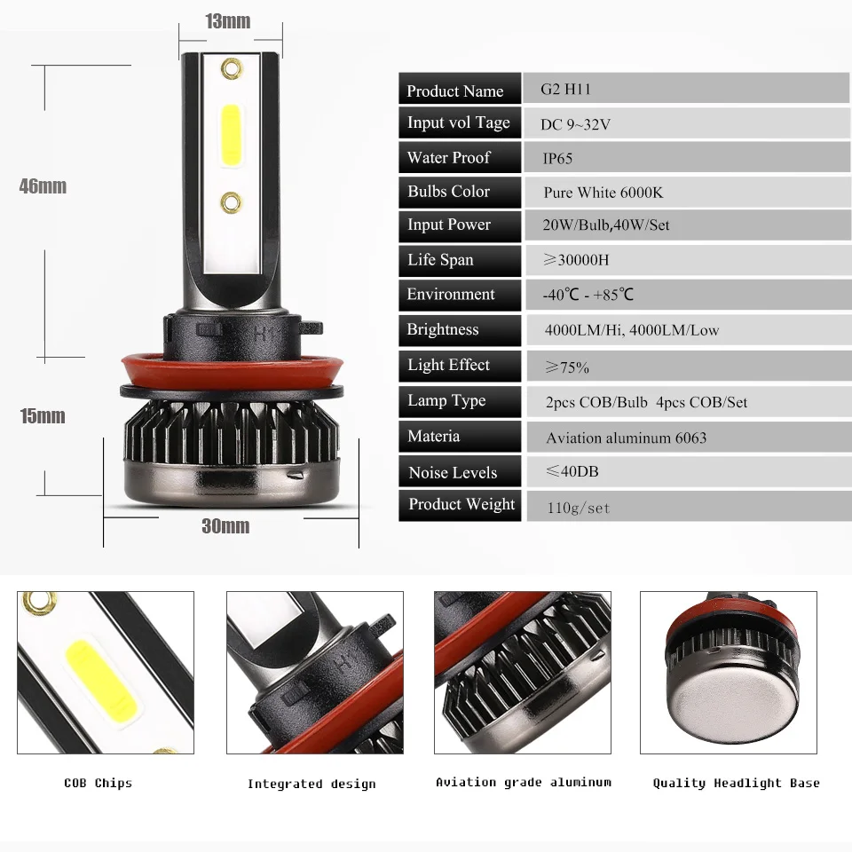 ANMINGPU 2x 8000LM Мини светодиодный H11 головной светильник лампы 6000K 12V H1 Led H7 CANBUS 9005/HB3