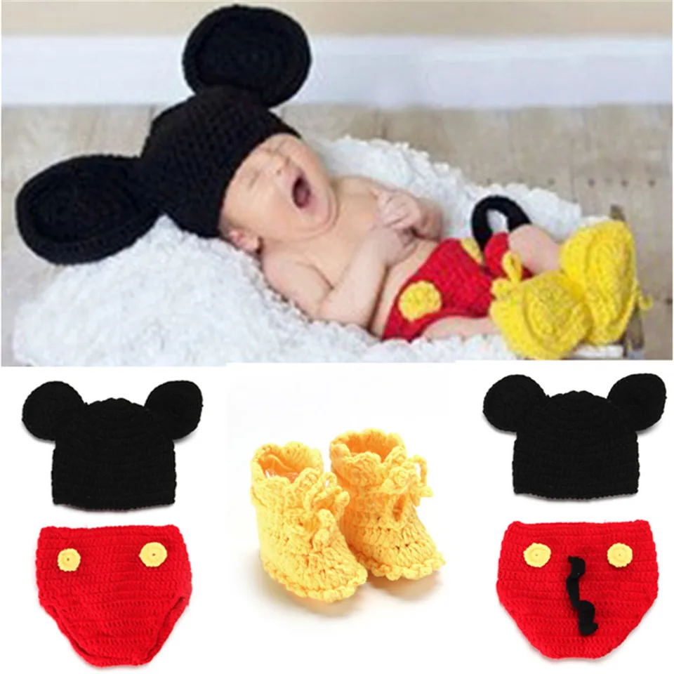Mickey Designs Crochet Baby Hats Photo Props Infant Costume Outfits Newborn Beanies&amppants&ampshoes Clothes 1set MZS-14016 | Детская