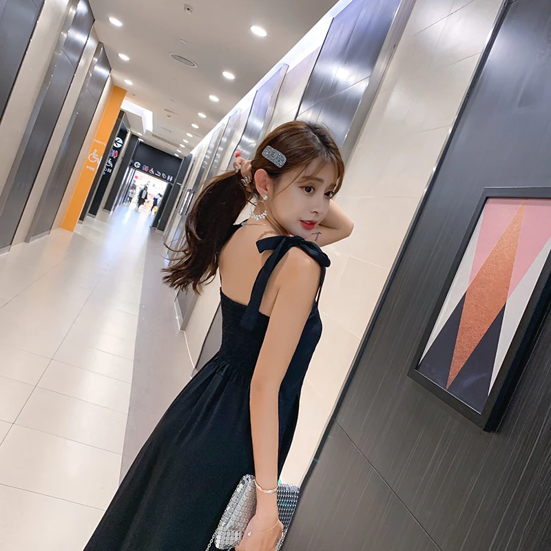 2019 длинное летнее платье освежающее Сексуальное Платье милое однобортное черное