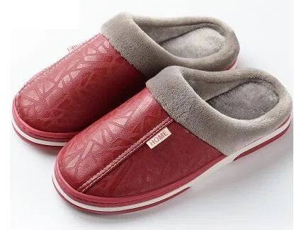 red Новые зимние мужские тапочки из искусственной кожи; короткие плюшевые теплые тапочки; мягкие оксфорды на плоской подошве; нескользящие домашние Вьетнамки; повседневная обувь; Размеры 35-50 - Цвет: red