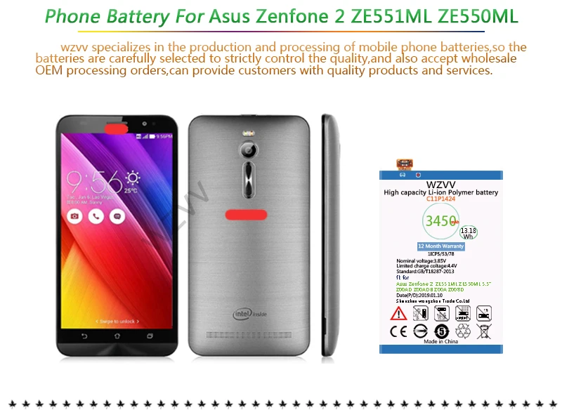 WZVV Реальная батарея Li-Polymer емкостью 3450 мАч C11P1424 для Asus Zenfone 2 ZE551ML ZE550ML 5.5inch Z00AD Z00ADB Z00A Z008D.