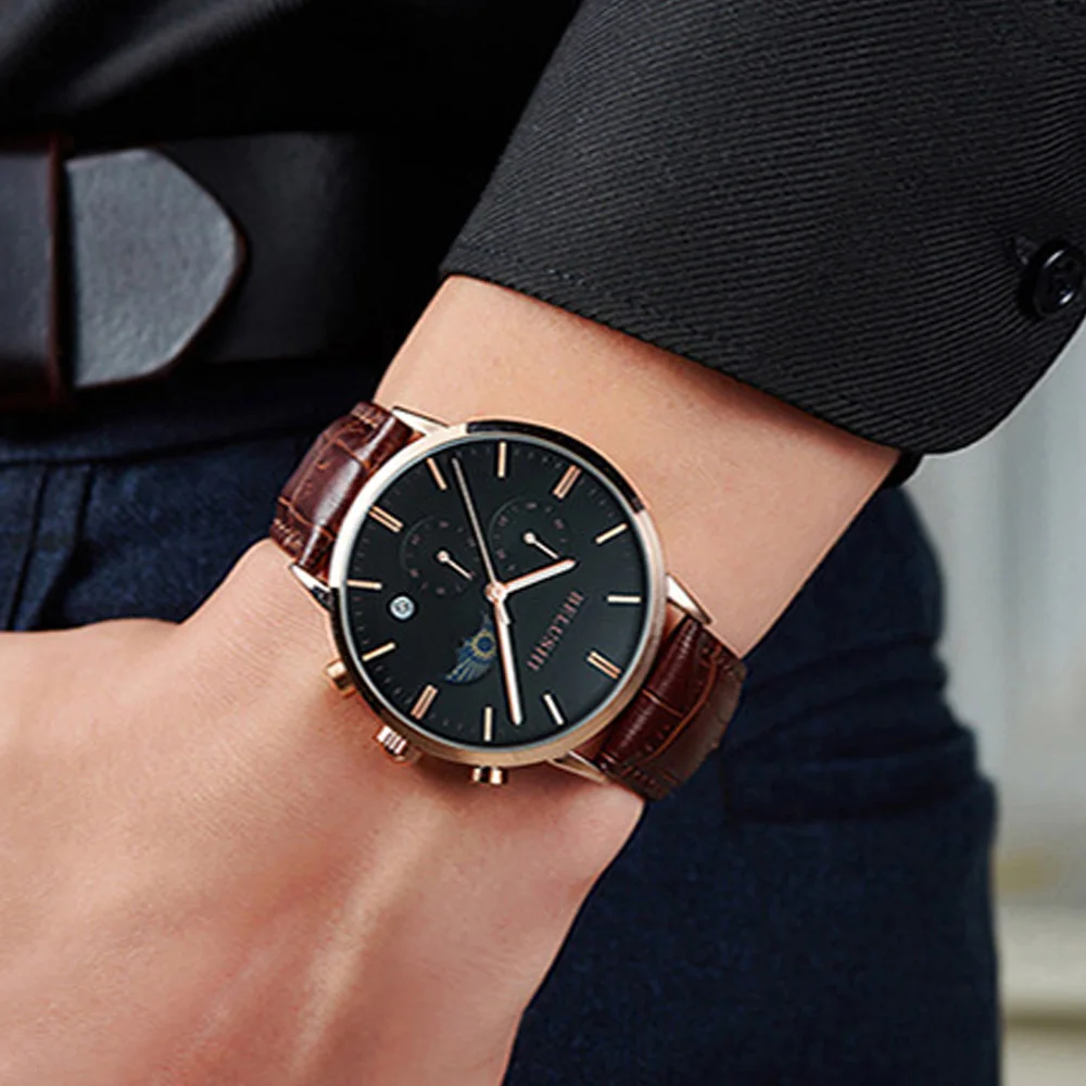 Мужские креативные наручные часы Moon Phase роскошные кожаные брендовые Золотые