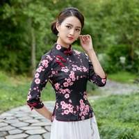 sheng coco s 4xl plus size black flowers qipao blouse satin traditional chinese style cheongsam shirts plum printing qipao top