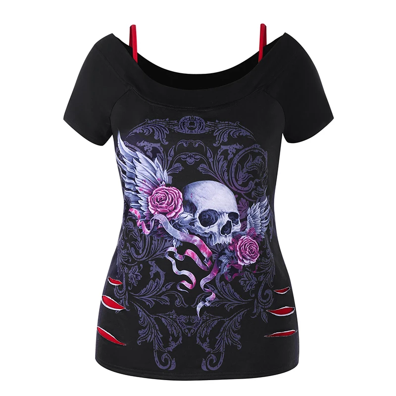 ROSE GAL Plus Size Skull Floral Ripped T-Shirt Women T Shirts Casual Summer O Neck Short Sleeves T-Shirts Tops Big XL 5XL | Женская