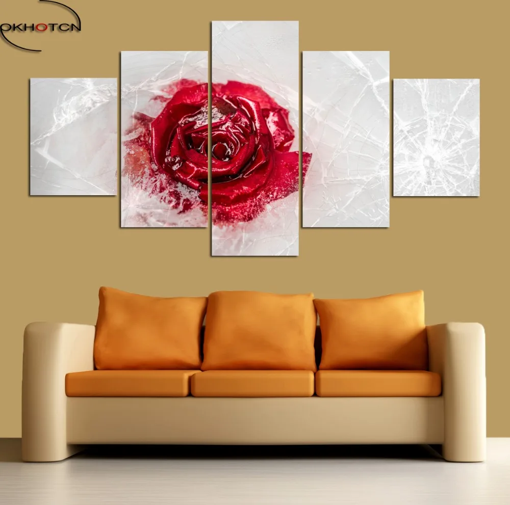Настенная модульная картина замороженная красная роза 5 панелей|art canvas|red rose