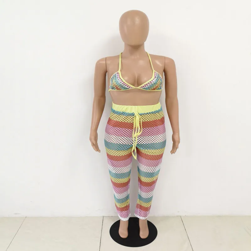 2019 women's fashion sexy personality mesh print stripe halter strap sleeveless hollow two-piece loose casual holiday party dres | Женская