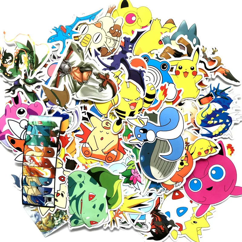 60 наклеек с героями мультфильмов, Пикачу, животными и другими персонажами. Подходят для использования на чемоданах, скейтбордах и других поверхностях. Водонепроницаемые. Отличный подарок для детей.