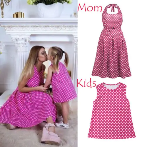 2019 Summer Womens Girl Kids Family Matching Dress Mom Daughter Wave Point Fashion Sleeveless Clothes Dresses | Мать и ребенок
