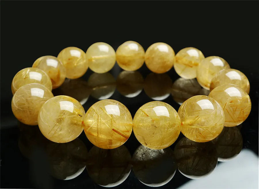 15mm Genuine Natural Gold Rutilated Quartz Bracelets For Women Men Stretch Crystal Round Bead Bracelet | Украшения и аксессуары