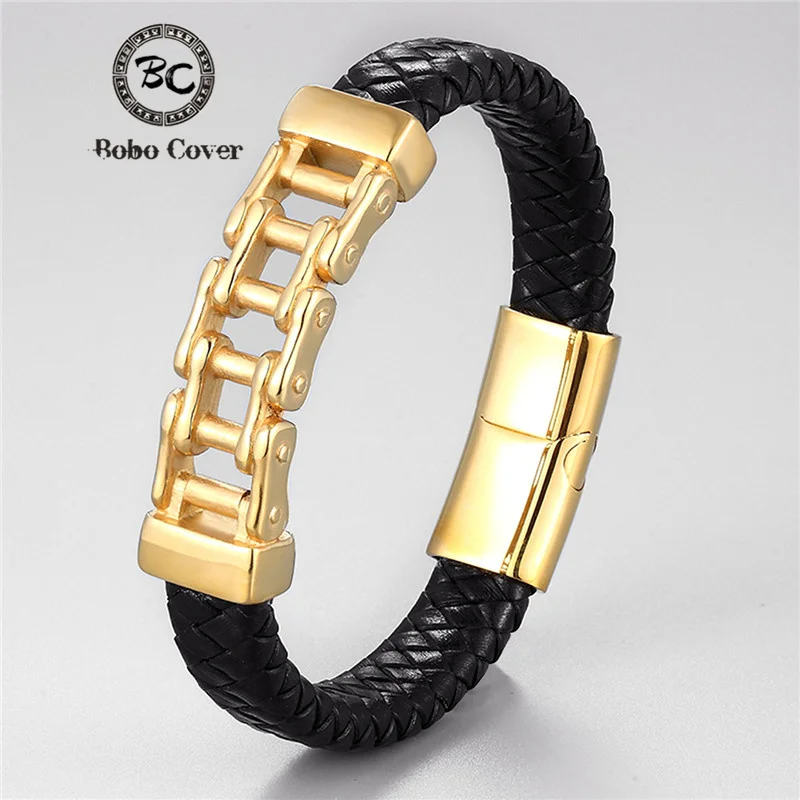 Hip Hop Bike Chain Charm Bracelets For Men Stainless Steel Gold Bicycle Genuine Leather Bracelet homme Rock Jewelry Gifts | Украшения и