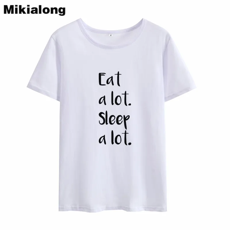 Mikialong Eat A Lot Sleep забавная футболка для женщин 2018 черно-белая женская с коротким