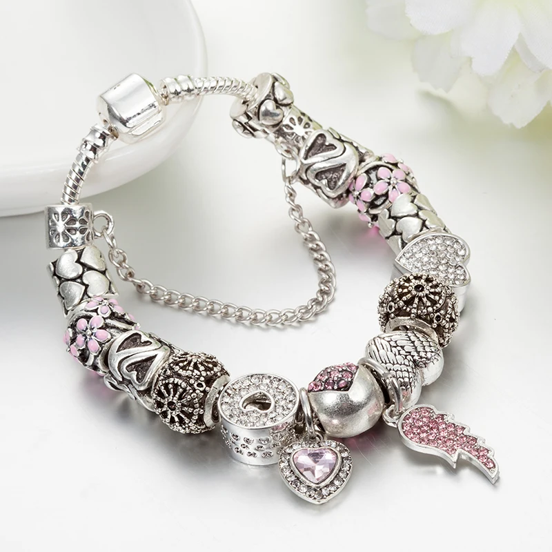 ANNAPAER 2019 European Pink Crystal Angel Wings Charm Bead Fit Original Bracelets for Women Bracelet Jewelry Dropshipping B17044|charm