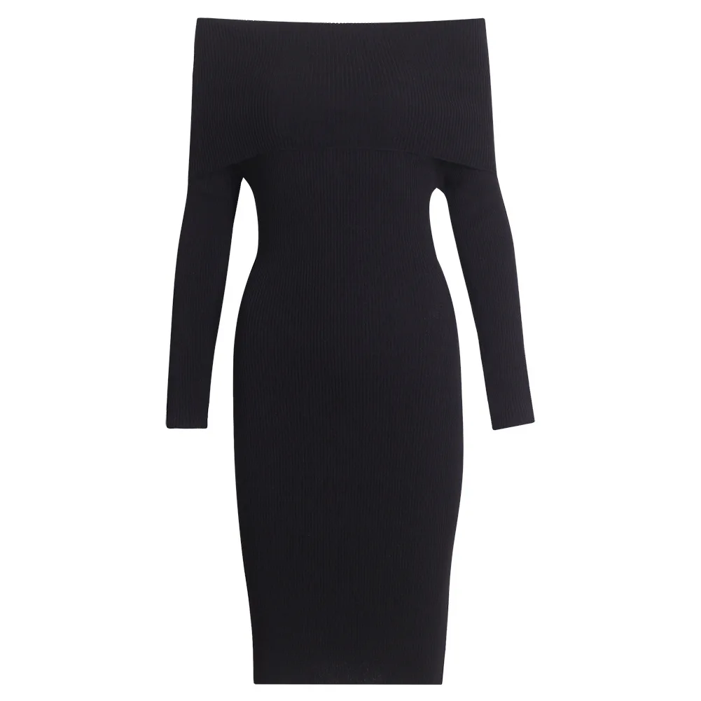 2018 осенне-зимнее женское Новое вязаный с открытыми плечами миди платье