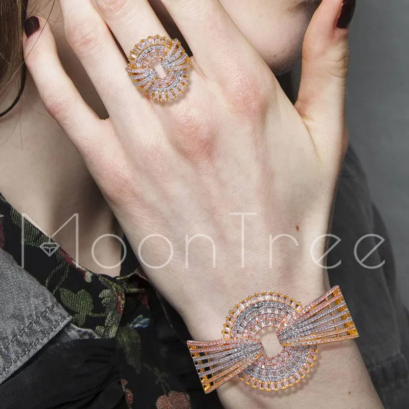 MoonTree роскошный свадебный браслет набор колец три тона Полный украшения с