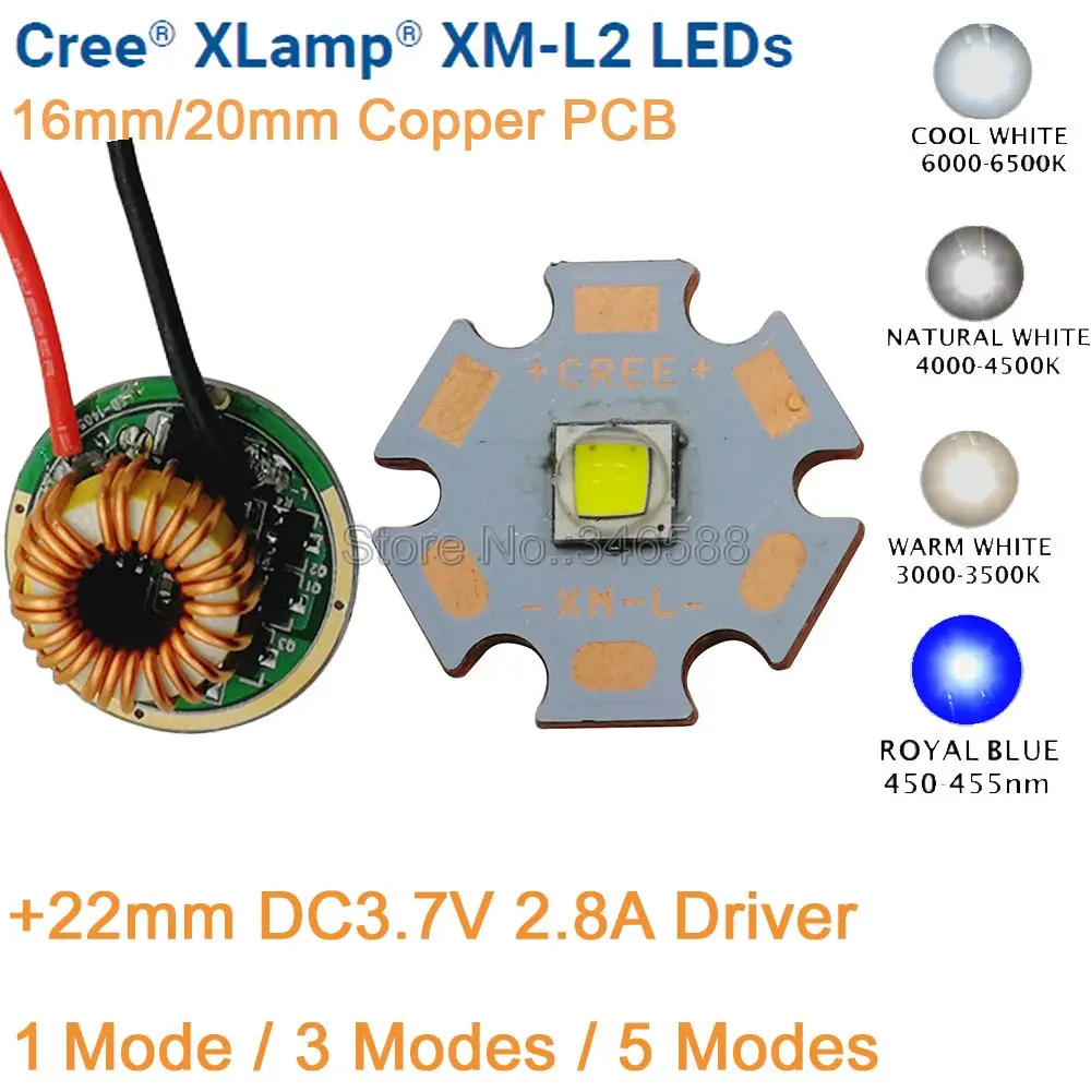 CREE XML2 XM-L2 T6 10W Cool White Neutral White Warm White High Power LED Emitter Chip 20mm Copper PCB + 12V Input 22mm Driver