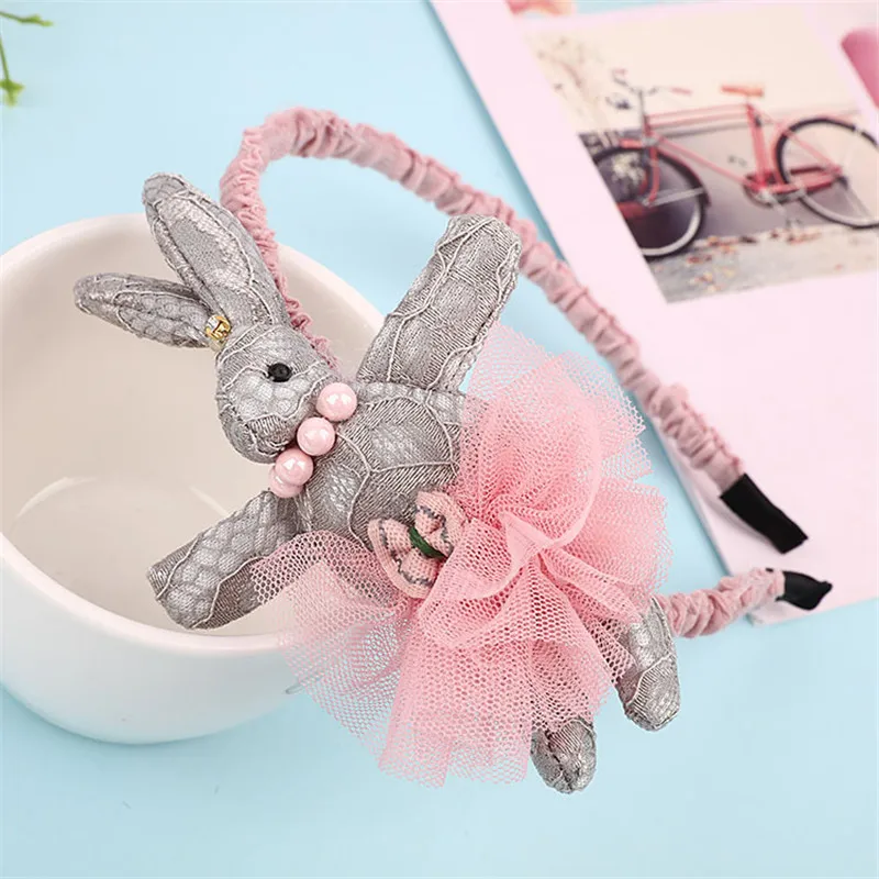 Серый Новое Модное детское кружевное платье с кроликом из мультфильма повязки на голову с бантом, нескользящие повязки на голову для девочек, аксессуары для волос - Цвет: Серый
