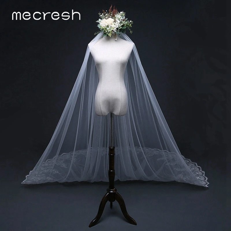 Mecresh 3M/4M Lace Bridal Wedding Veils Women Accessories One Layer White Ivory Long Tulle Mariage Chapel With Comb VTS003 | Свадьбы и