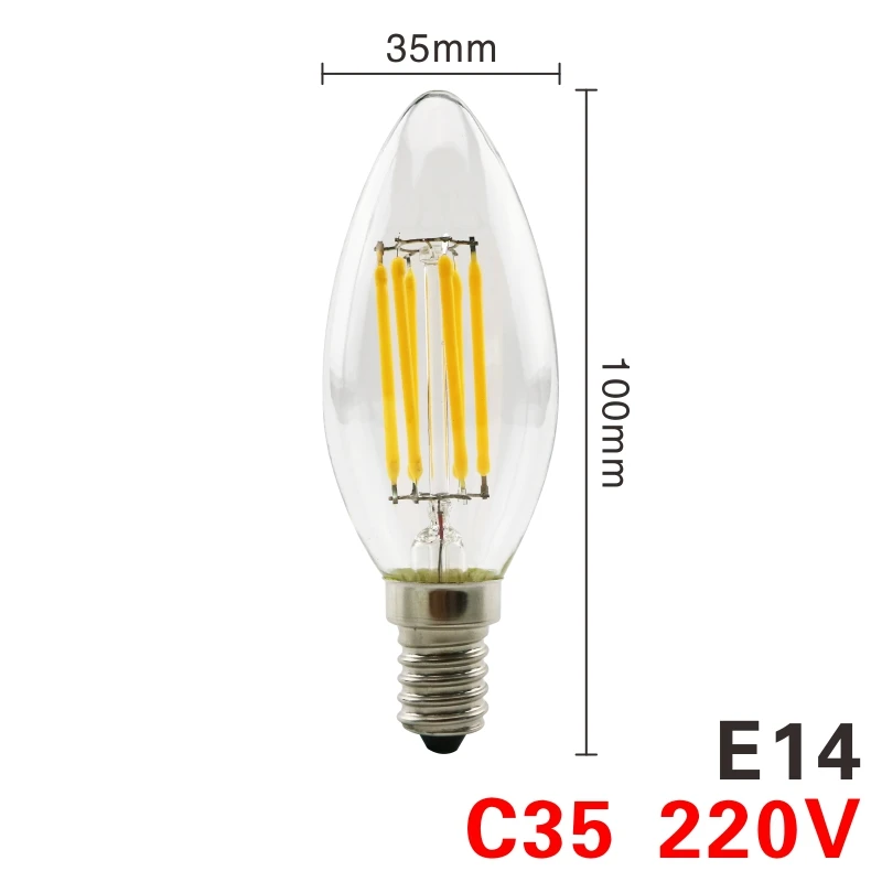C35 E14 Светодиодный Эдисон лампы E27 G45 A60 C35 светодиодный лампы E14 G80 G95 G125 нити светильник 220V 2W 4W 6W 8W Античная Ретро Винтаж Стекло лампа - Испускаемый цвет: C35 E14