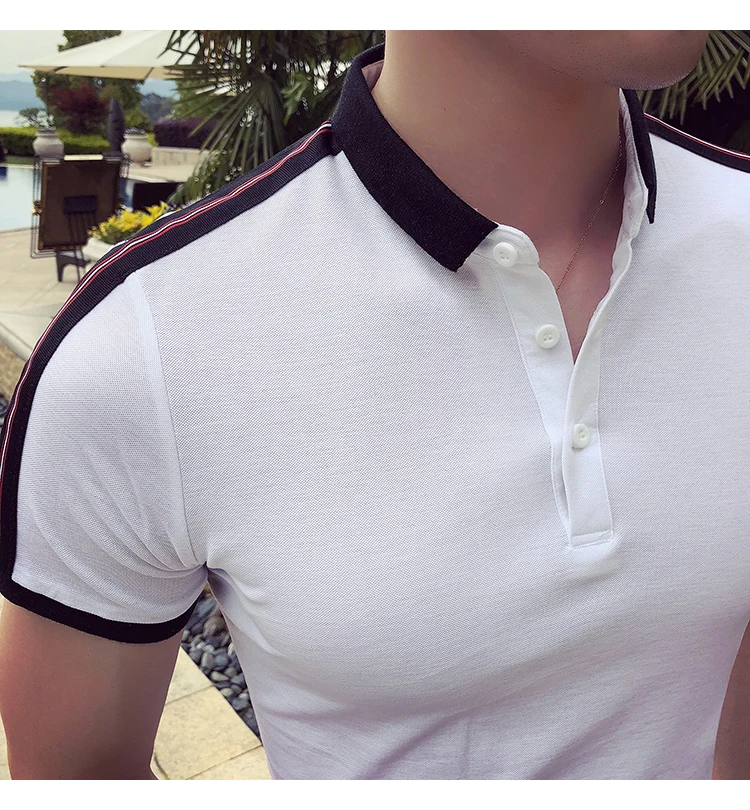 Брендовая мужская рубашка поло, хлопковая, модная, Camisa Polo, летняя, на плече, с лентой, в стиле пэчворк, с коротким рукавом, повседневная, приталенная, поло, Homme