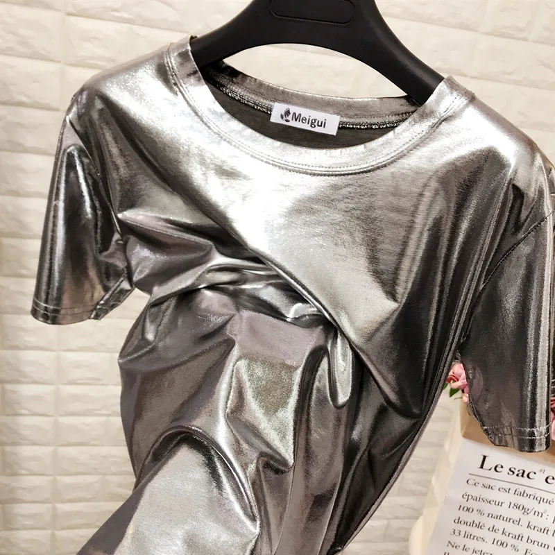 Летние блестящие Светоотражающие футболки женские повседневные Короткие рукава