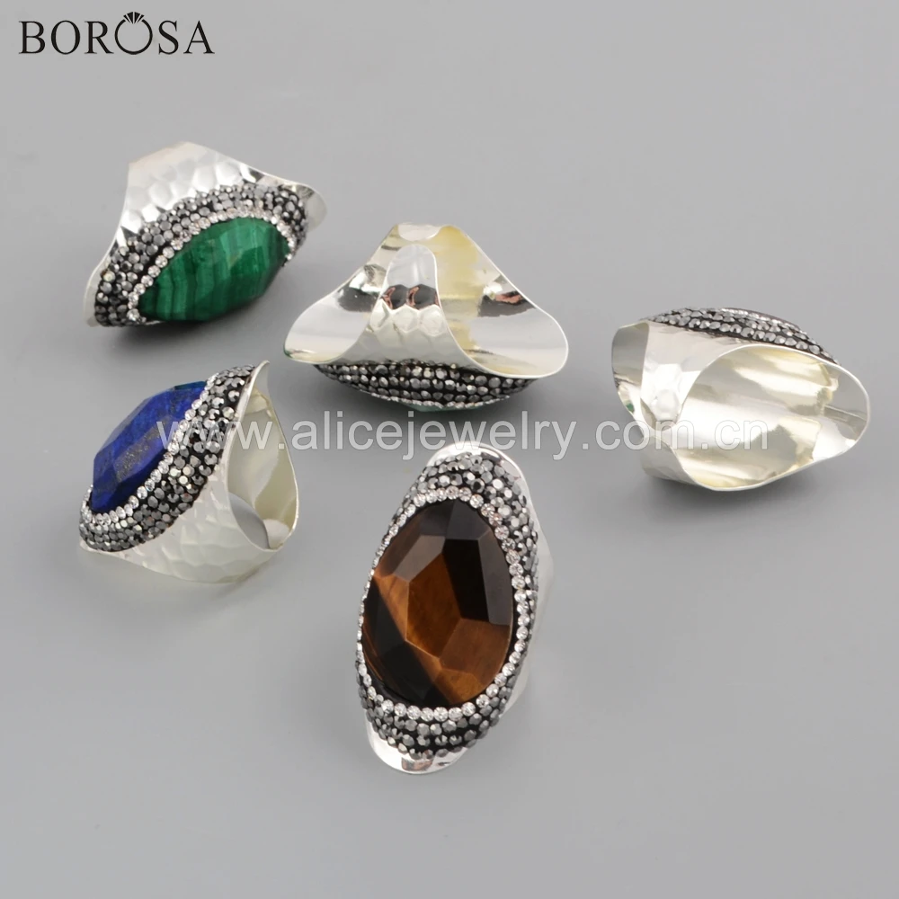 

BOROSA 5PCS Stylish Teardrop Silver Color Rhinestone Crystal Paved Multi-kind Faceted Natural Stones Bang Ring Jewelry JAB956-2