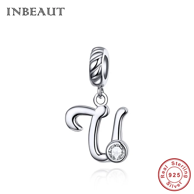 INBEAUT Настоящее 925 пробы серебро 26 английские заглавные буквы бусины подходят Pandora браслет S925 слово серии подвески - Окраска металла: U