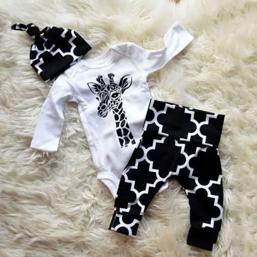 Pudcoco 2018 Newborn Infant Baby Boy Clothes Set Giraffe Bodysuit+Long Trousers Pants+Hats 3pcs Gentleman Outfit Autumn 0-18M |