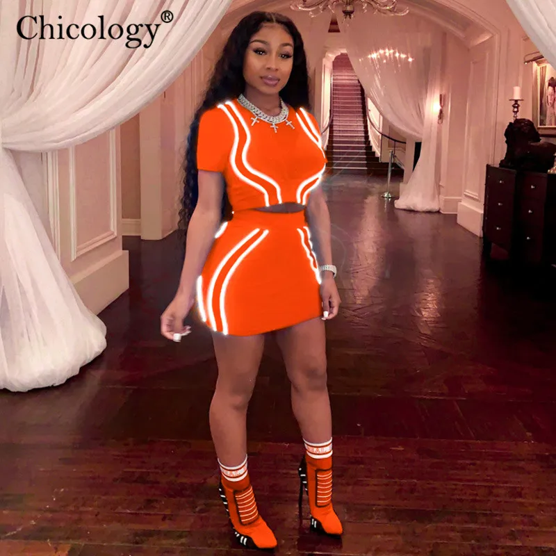 Chicology reflective stripe top mini skirt women matching 2 two piece set summer female sexy co ord clothes festival outfit