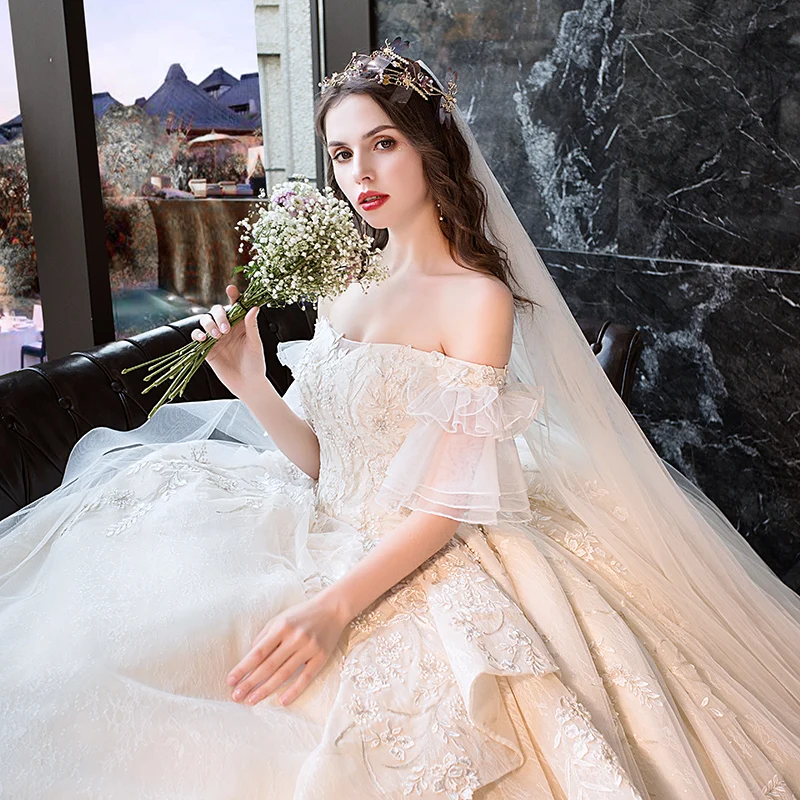 Vestido de Noiva 2020 Принцесса Свадебные платья с открытыми плечами Аппликация Кружева