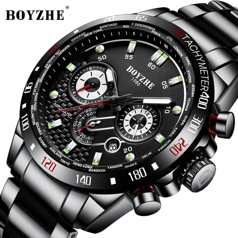 

BOYZHE Men Automatic Mechanical Fashion Top Brand Sport Watches Stainless Steel Black Luminous Watch Relogio Masculino 2019 New