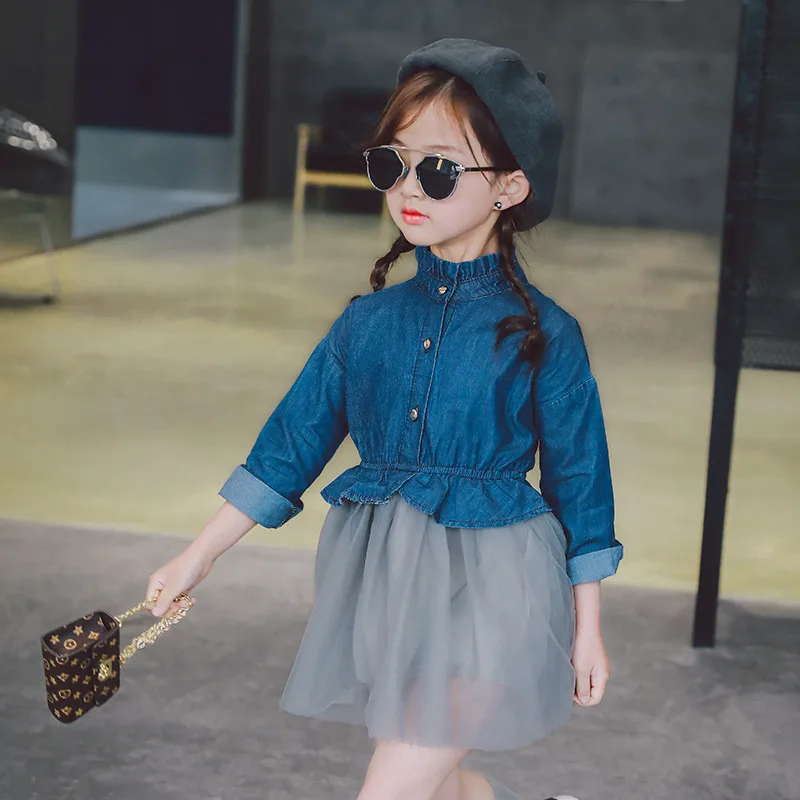 

Cowboy Dress Girl 2018 New Spring And Autumn Long Sleeve Fahion Casual Solid Color Stitching Mesh Denim Kids Dress For Girls