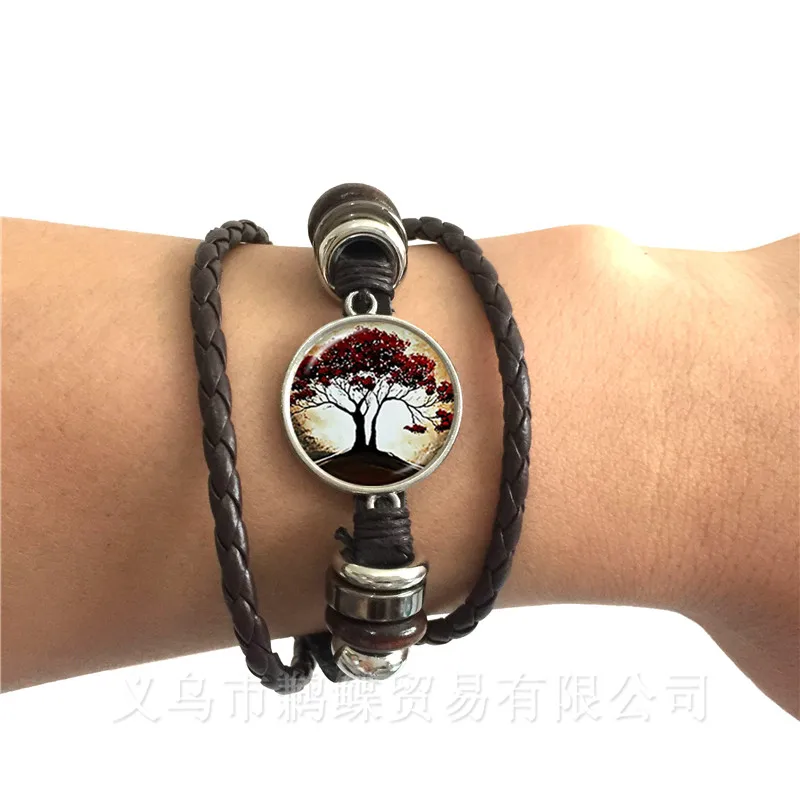 Life Tree Leather Bracelet Glass Cabochon Black/Brown 2 Color Trendy Statement Bangle Fashion Men Women Jewelry Gift | Украшения и