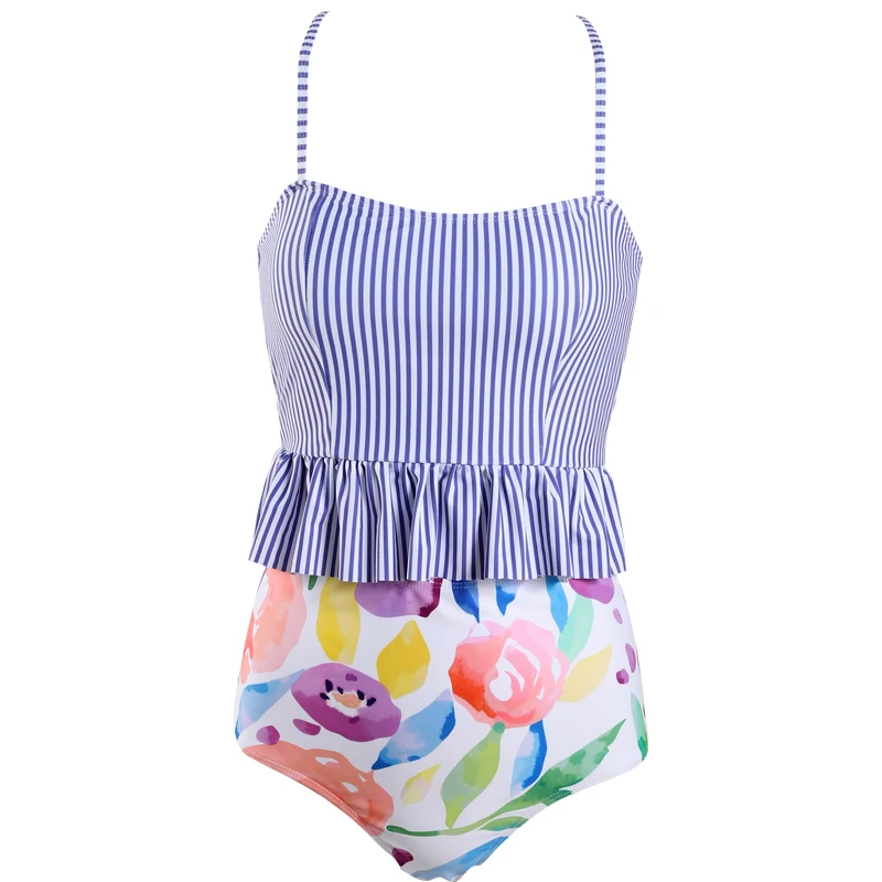 Purple stripe flower Милые купальники с цветочным принтом бикини купальный костюм для женщин Купальники Высокая талия ретро танкини купальный костюм Пляжная одежда - Цвет: Purple stripe flower