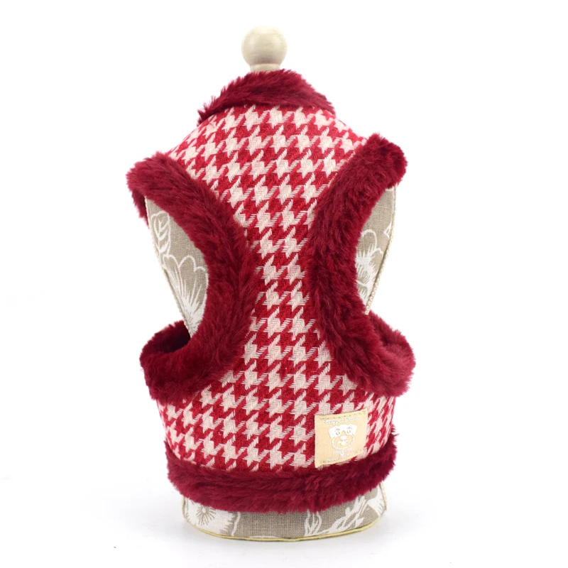 Houndstooth Red Зимняя теплая шлейка для собаки домашнего животного набор поводок для собаки толстый искусственный мех мягкая шлейка для собак жилет плюшевый Пудель маленькая собака arnes perro laisse chien - Цвет: Houndstooth Red