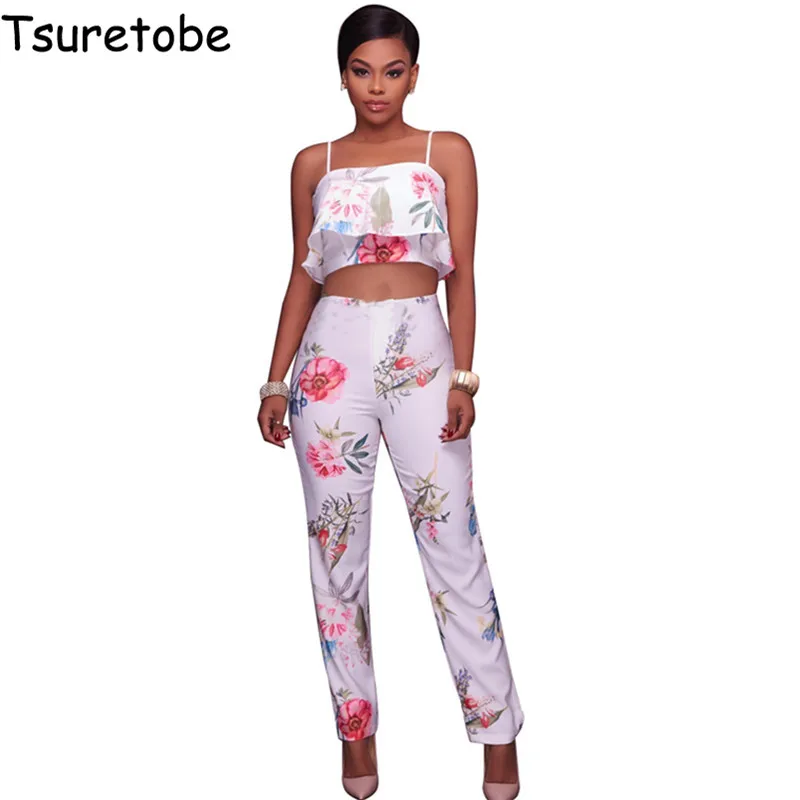 Tsuretobe Новая мода 2 шт. оборками с цветочным принтом Комбинезоны для женщин Для