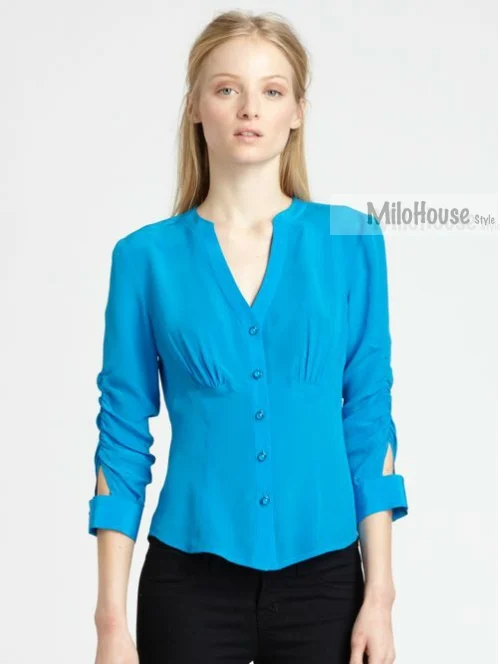 2014 new arrival slim draped V neck collar three quarter sleeve women blouse shirt solid color lake blue xs/s/m/l/xl/xxl SS1|blouses jeans|blouse