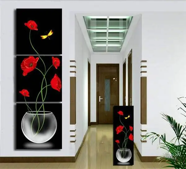 Ручная роспись Красный Желтый цветок вазы с бабочками Decoratives картина маслом на