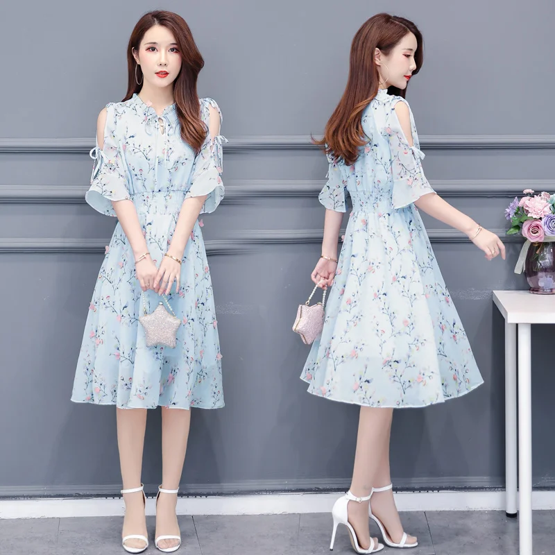 Летнее женское шифоновое платье с гофрированным воротником Повседневное