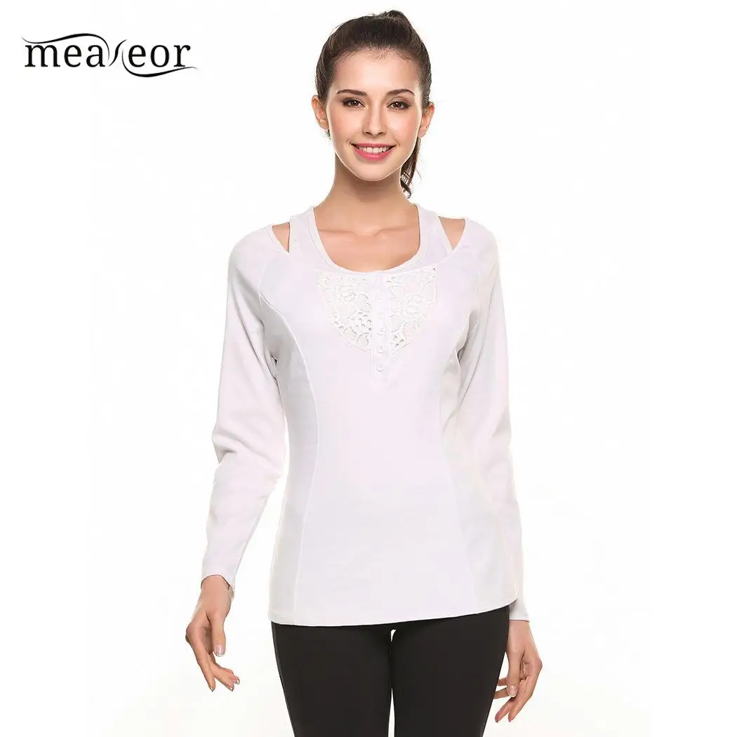 Meaneor Casual Women T-Shirts Top New Female Clothes O-Neck Long Sleeve Lace Shirts Hollow Out Patchwork T-Shirt with Solid Tank | Женская