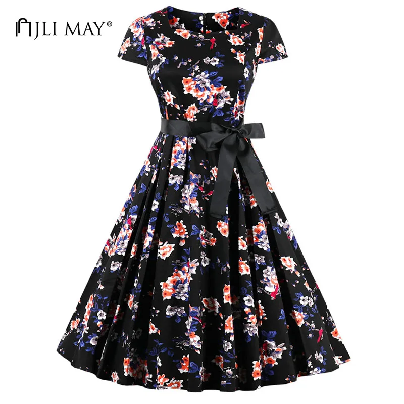 JLI MAY Vintage summer party dress women 50s floral hepburn belted square collar midi short sleeve woman clothes elegant dresses | Женская
