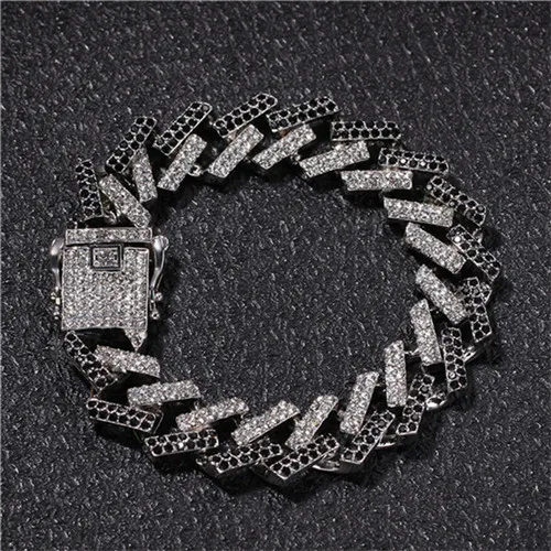 Хип-хоп 15 мм кубинская цепь Bling Iced Out Циркон Стразы Полный AAA проложили Стразы мужские браслеты для мужчин ювелирные изделия - Окраска металла: Silver and Black