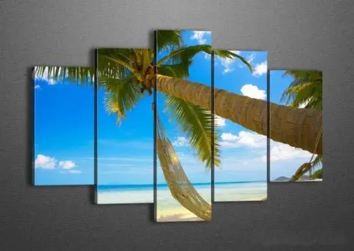 

Framed 5 Panel Large Sea Wall Painting Palm Tree Beach Unique Gift 5 Piece Picture Home Decoration A1098