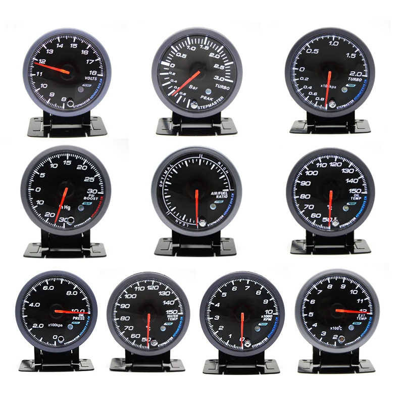 

60MM Black Face Boost turbo/Water/Oil temp/Oil press/Voltmeter/Air fuel Ratio/ Exhaust gas temp/tachometer gauge Dual Led Color