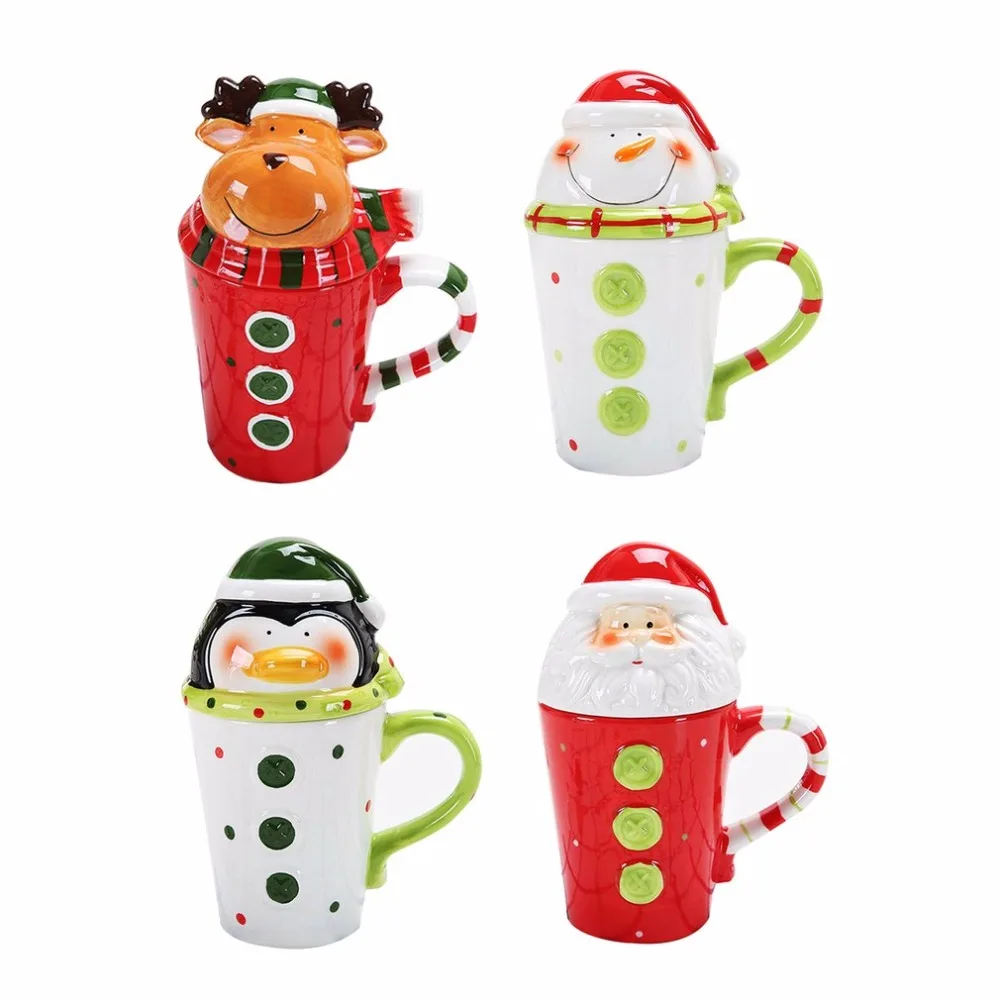 380ML Cute 3-Demensional Christmas Ceramics Mug Cup Milk Coffee Innovative Cartoon Pattern With Cover Drop Shipping | Дом и сад