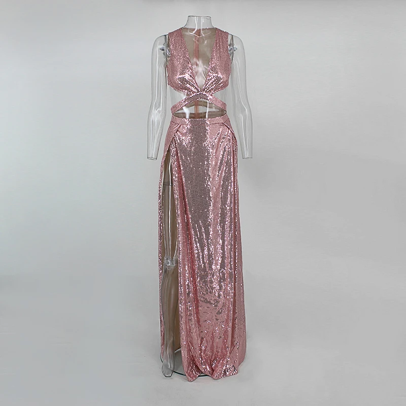 Женское платье макси с разрезом сбоку открытой спиной и блестками|Женские