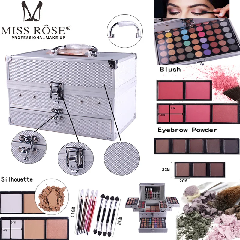 Miss Rose Professional 140 Color Makeup set Piano Box in Aluminum Box Eyeshadow Powder BlushMultifunctional Cosmetic Tool