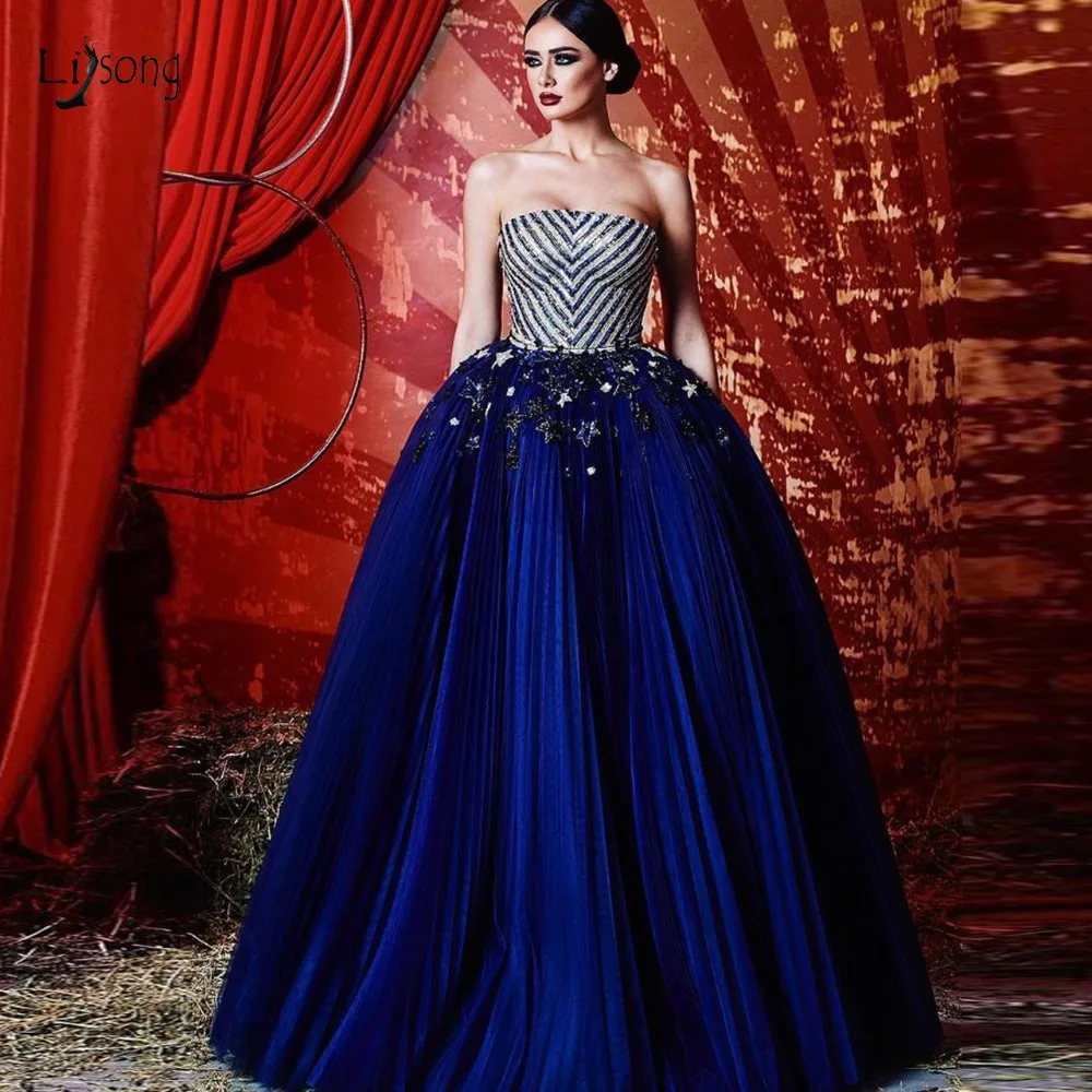Vintage Royal Blue Stars Crystal Pleated Prom Dresses 2019 Beaded A-line Gowns Off The Shoulder Vestido Longo De Festa | Свадьбы и