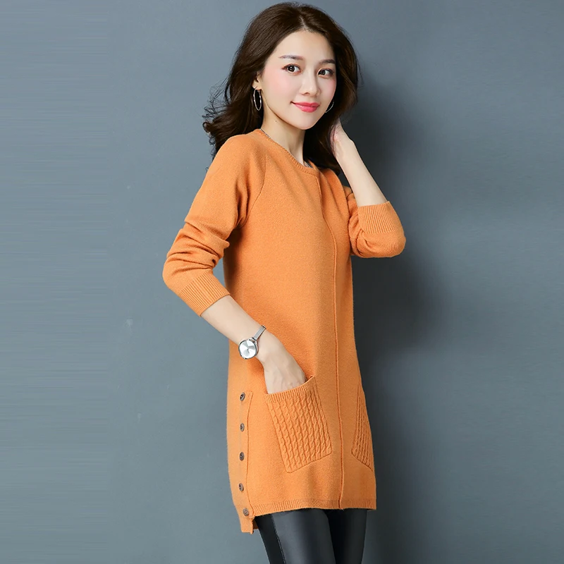 

High quality ladies o-neck thick sweater dress autumn & winter korean style fashion girls knitted dress with pockets