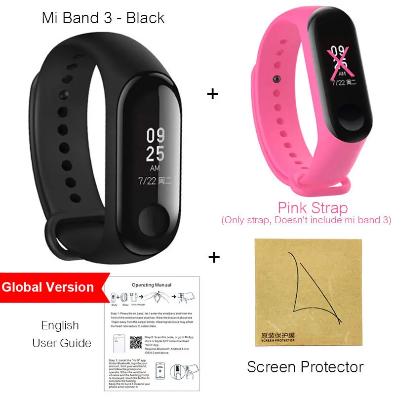 .Global Pink Strap. Xiaomi Mi Band 3 Смарт Браслет фитнес браслет шагомер умный браслет бэнд 3 OLED сенсорный экран, со склада России, Официальная гарантия 1 год - Цвет: .Global Pink Strap.