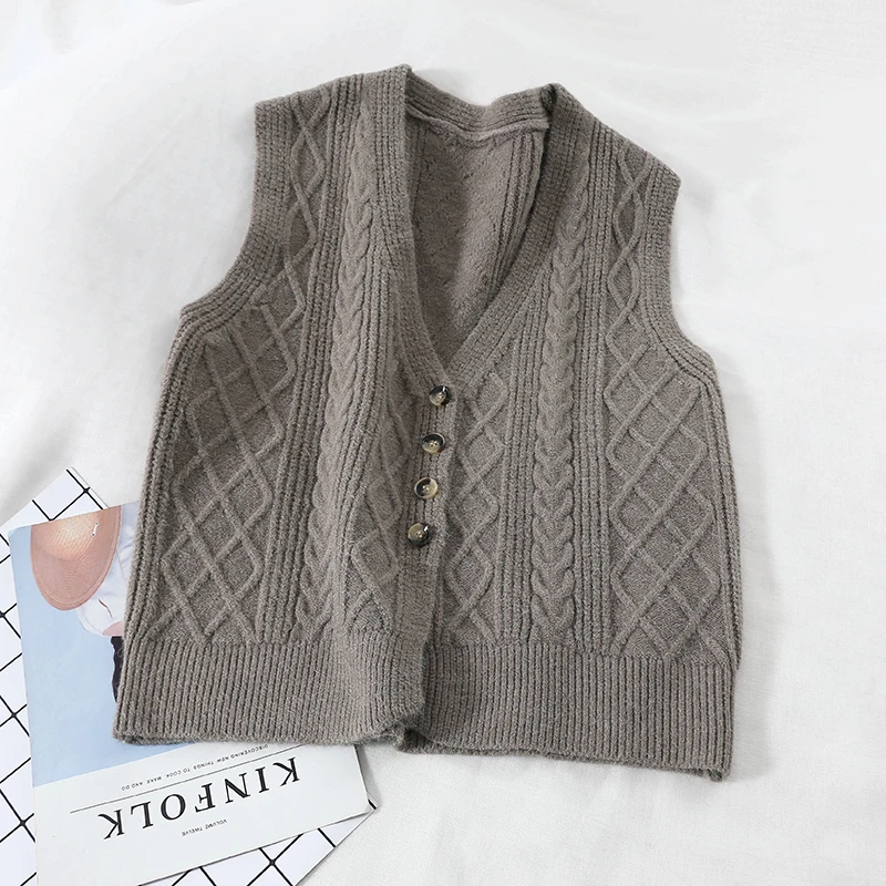2019 new fashion women's sweater vest temperament loose V-neck bottoming single row button classic twist thin |